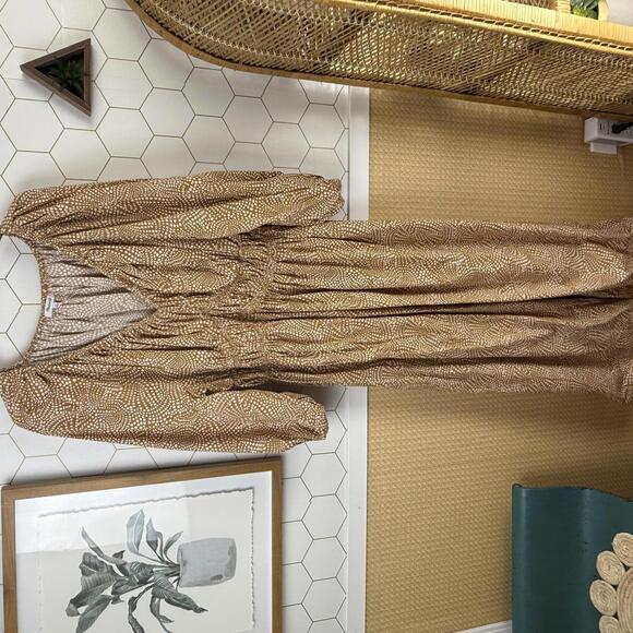 Madewell Khaki Tan Dot V-Neck Balloon-Sleeve Elbow Length Maxi Dress - Size - 12 - Picture 4 of 13